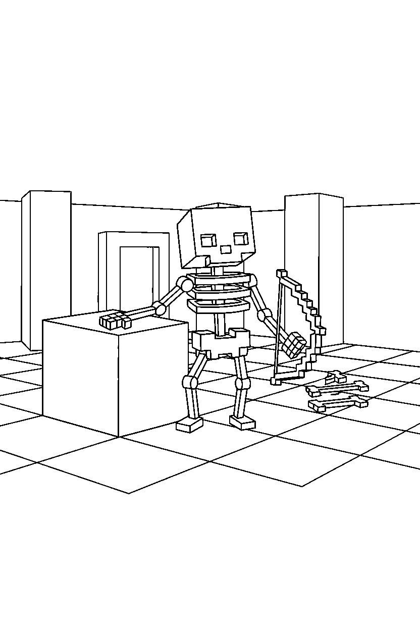 minecraft skeleton posing in dungeon line art