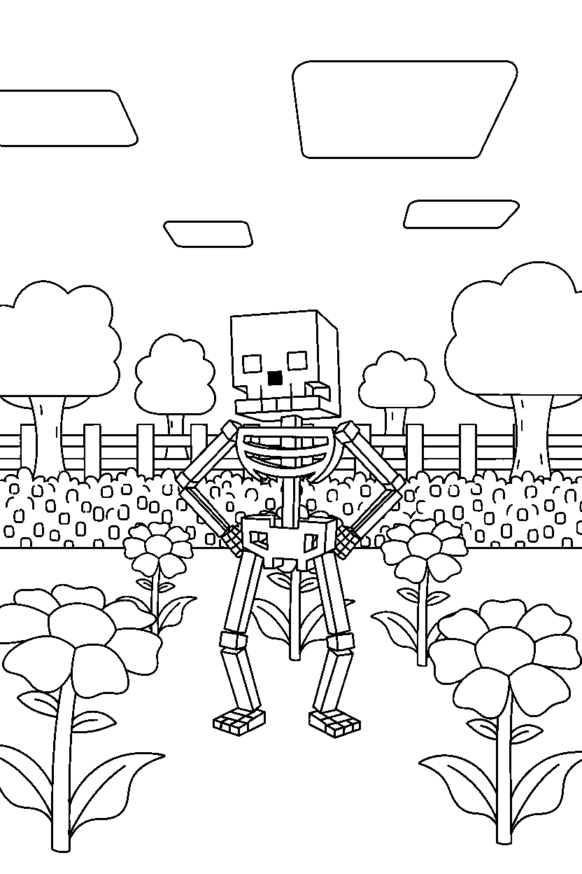 minecraft skeleton posing in garden line art