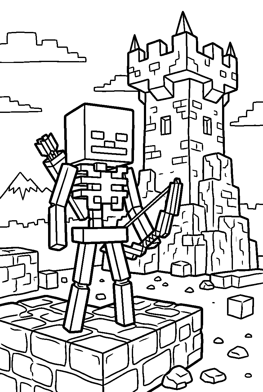minecraft skeleton posing in obsidian tower area line art
