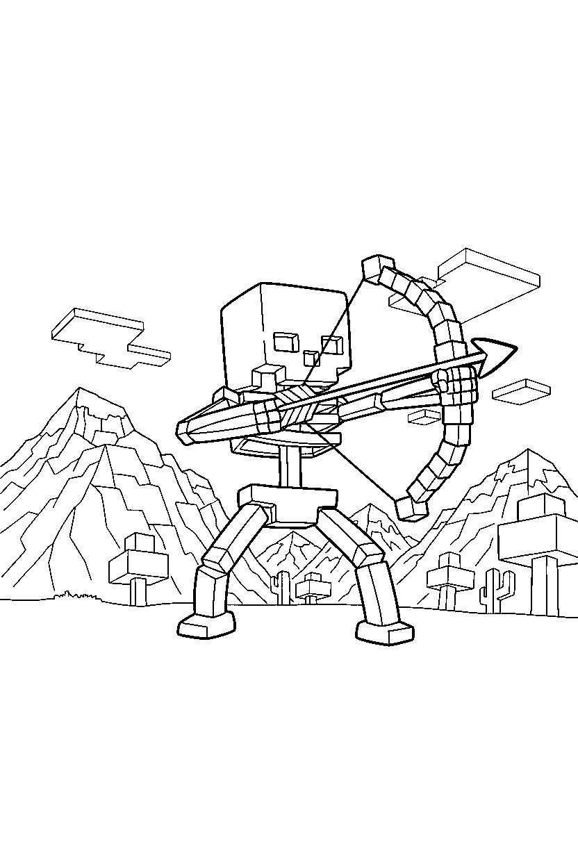 minecraft skeleton preparing to shoot in mountains line art