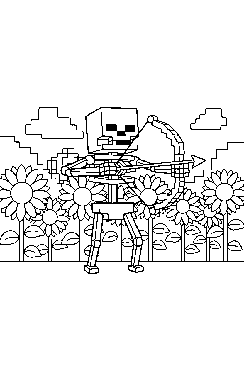 minecraft skeleton preparing to shoot in sunflower plains line art