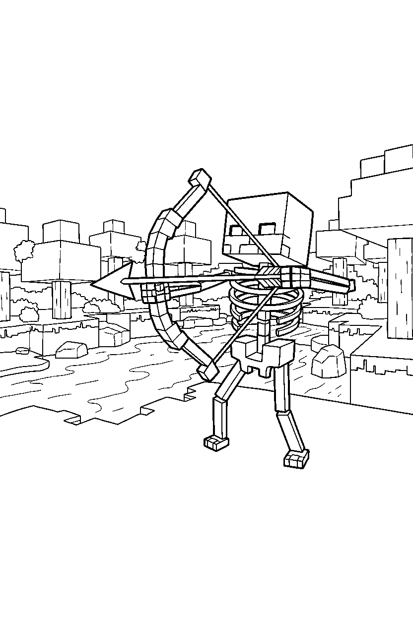 minecraft skeleton pulling a bowstring in a forest line art