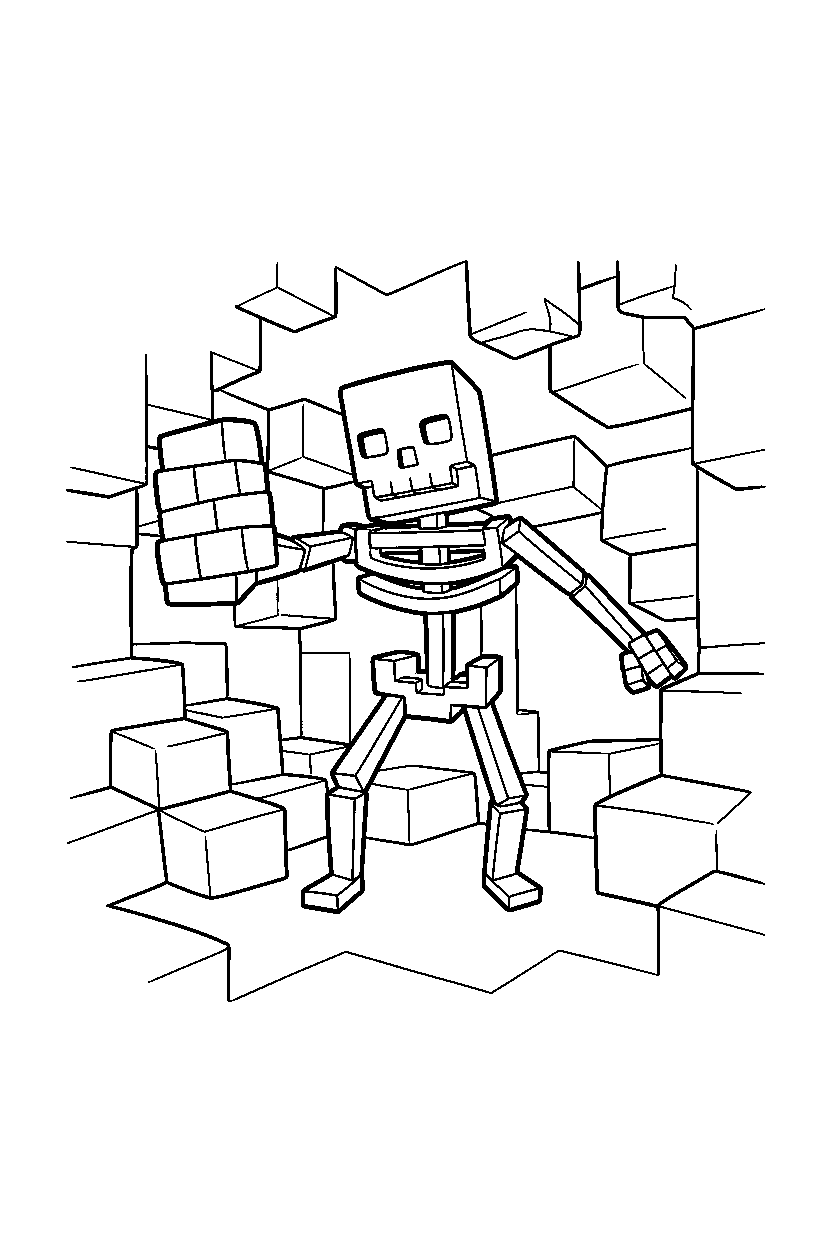 minecraft skeleton reaching in rocky area line art