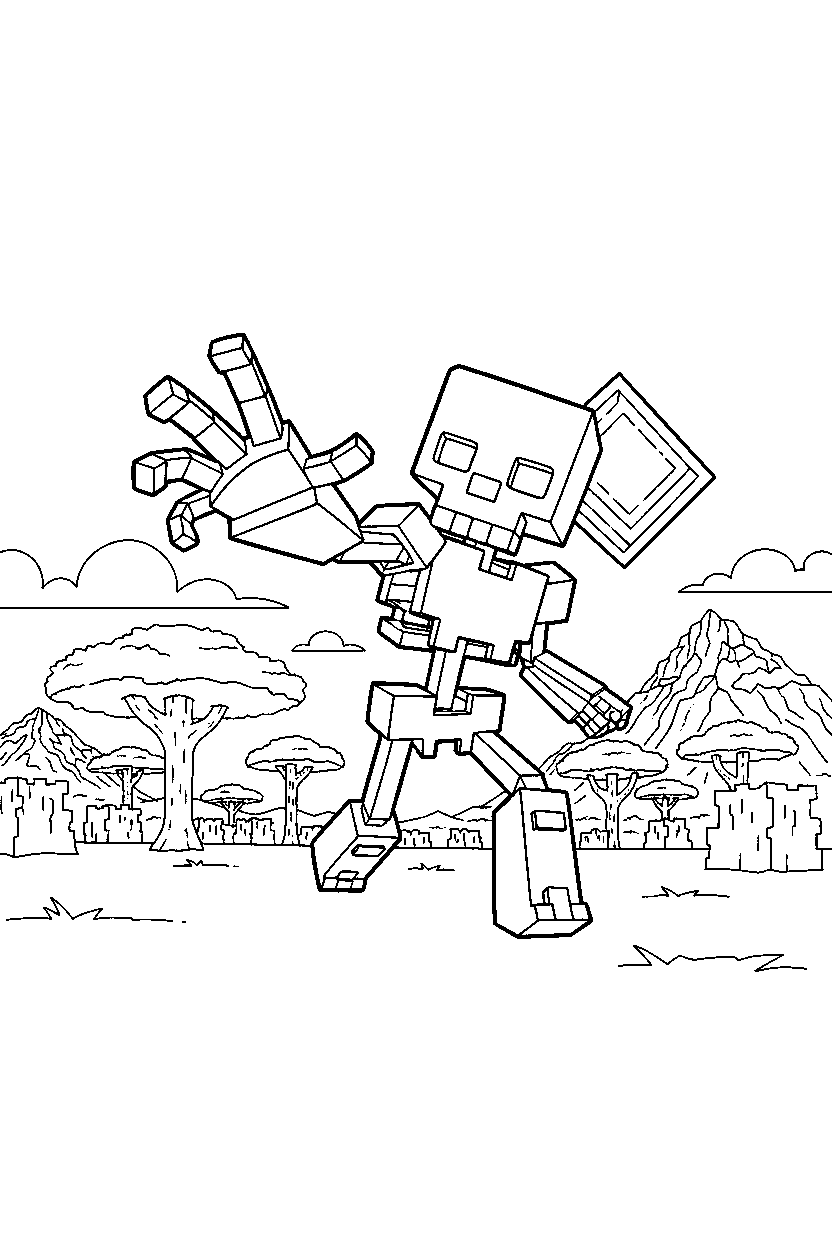 minecraft skeleton reaching in savanna line art