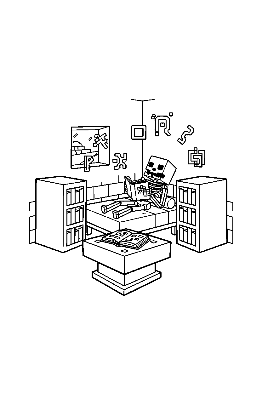 minecraft skeleton resting in enchanting room line art