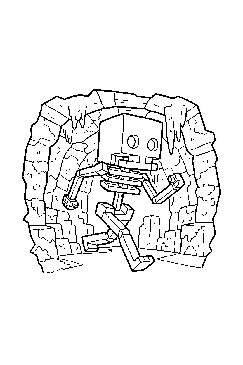minecraft skeleton running in stone cave line art