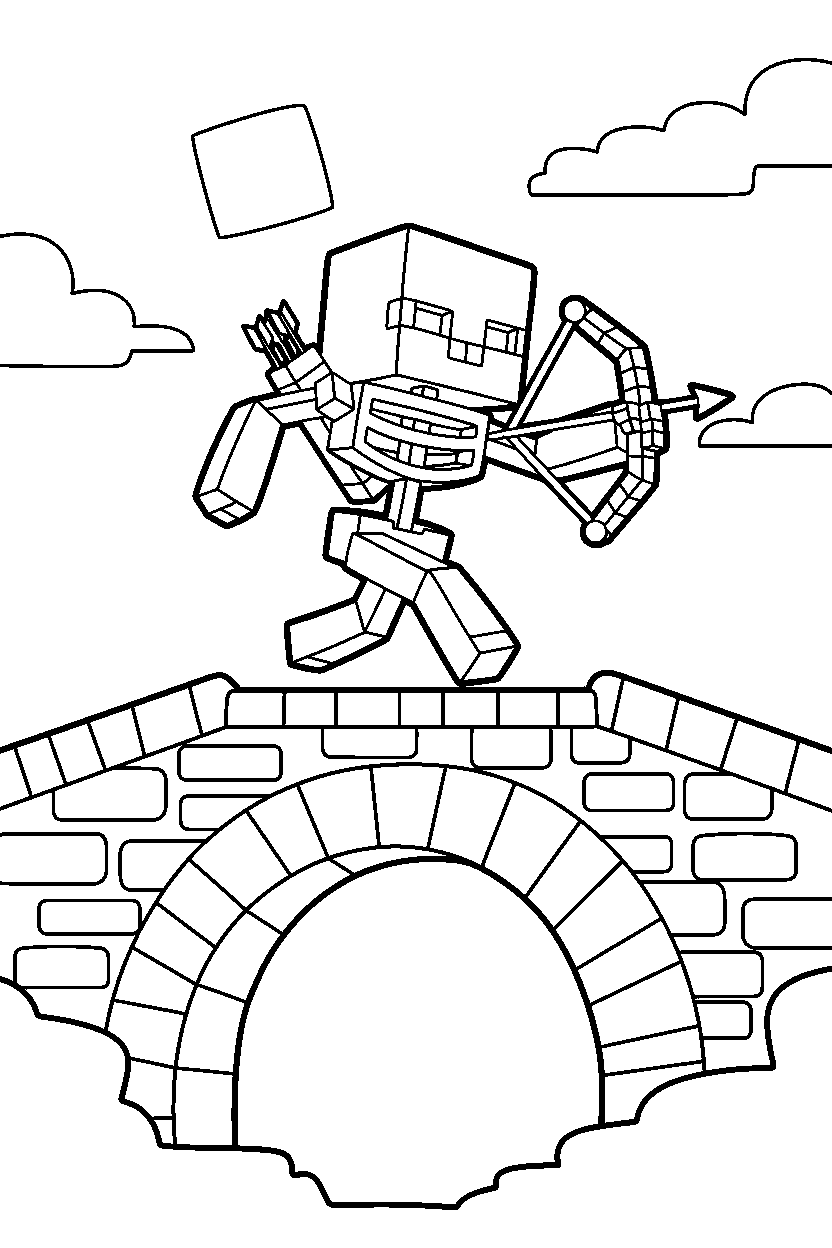 minecraft skeleton running on stone bridge line art