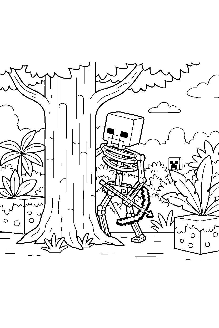 minecraft skeleton searching carefully in a jungle line art