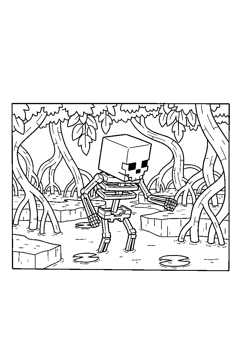minecraft skeleton searching carefully in a mangrove swamp line art