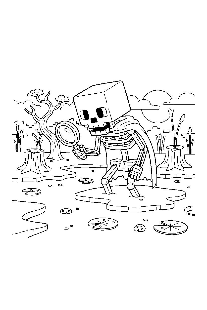 minecraft skeleton searching carefully in a swamp line art