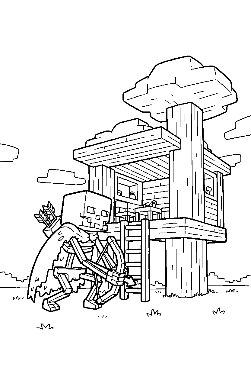 minecraft skeleton searching carefully in a treehouse base line art