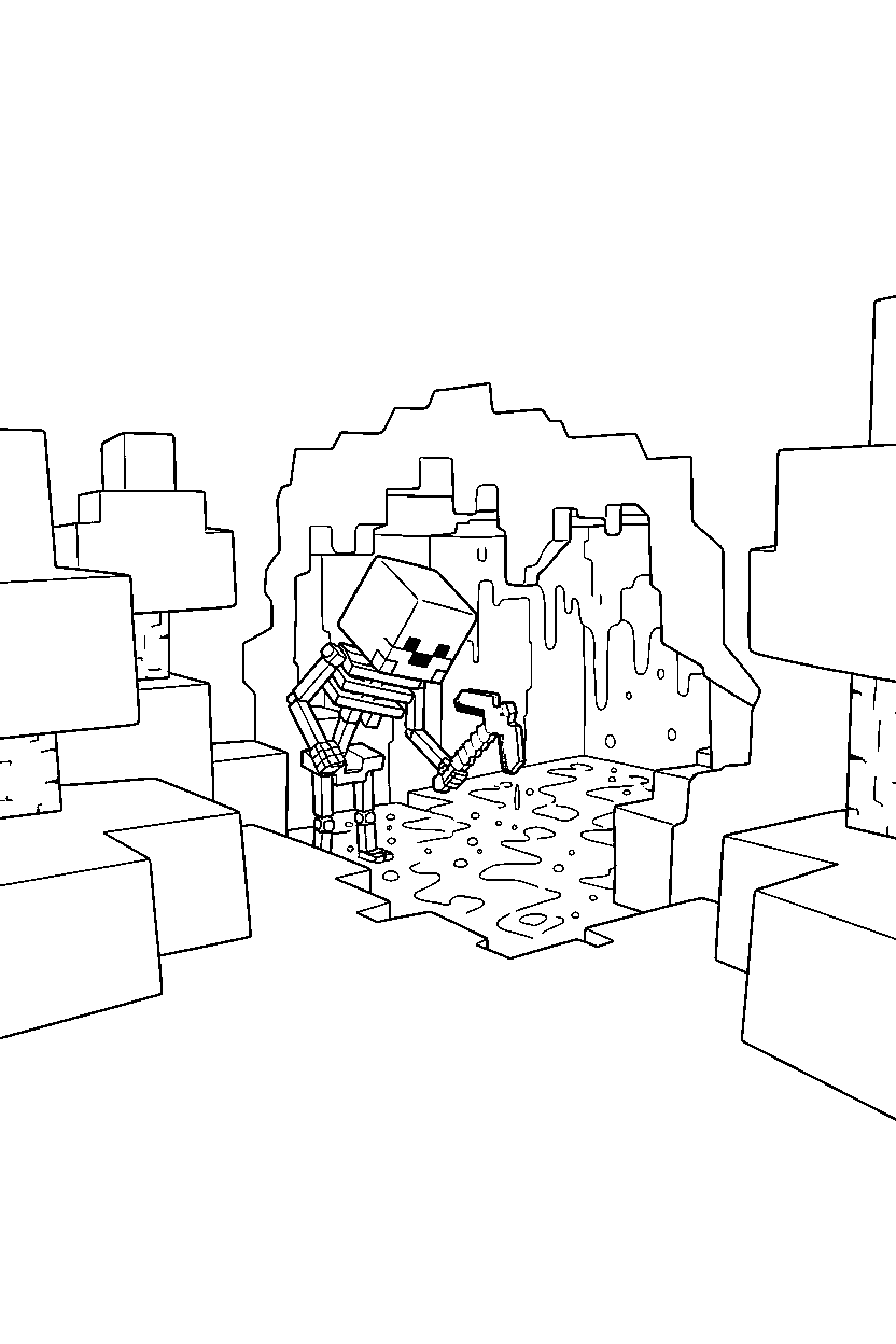 minecraft skeleton searching carefully near a lava cave line art