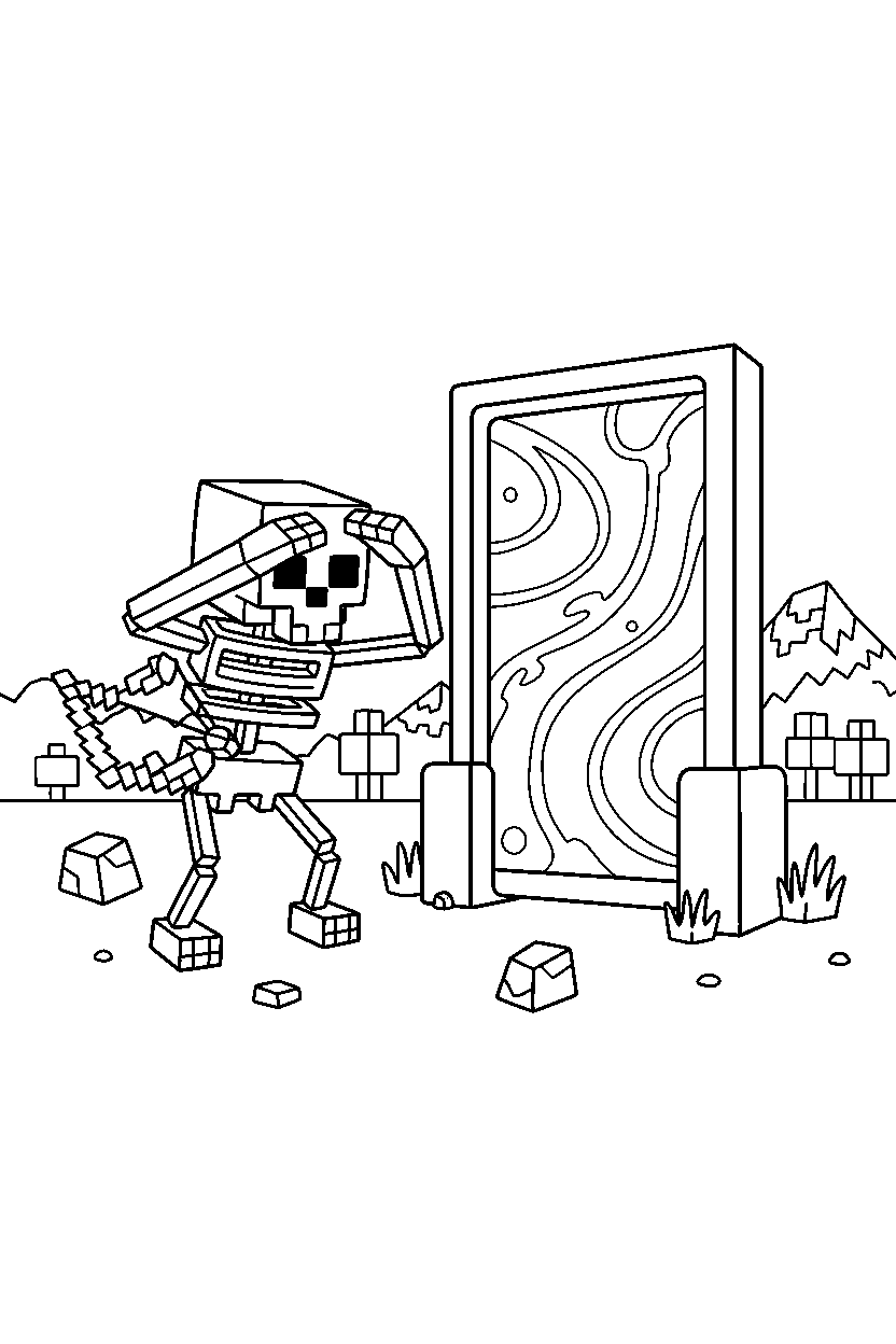 minecraft skeleton searching carefully near a portal line art