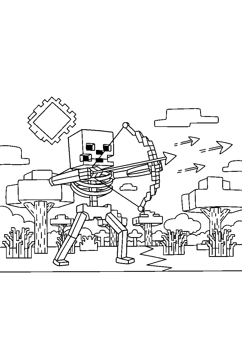minecraft skeleton shooting accurately in a savanna line art