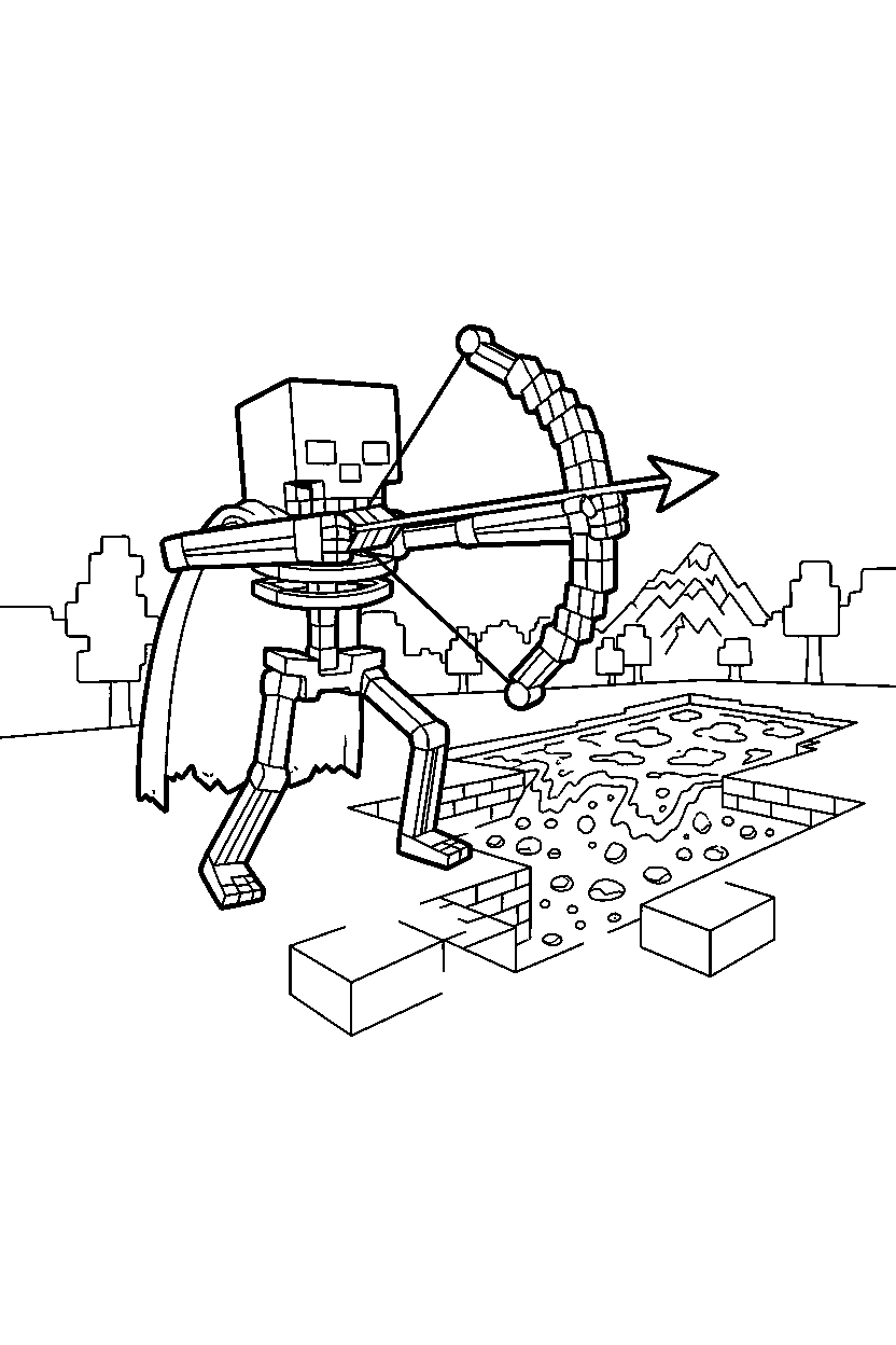 minecraft skeleton shooting accurately near a lava lake line art