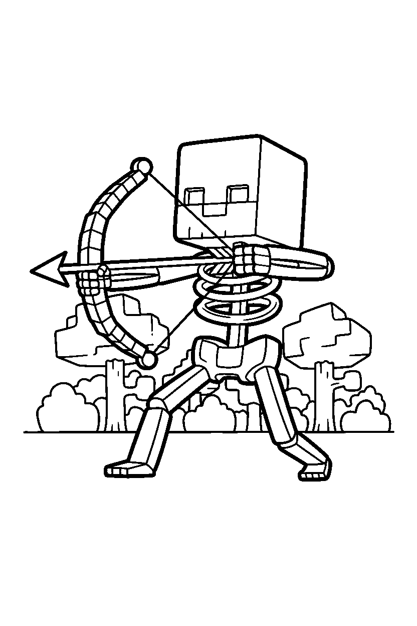 minecraft skeleton shooting an arrow in a forest line art