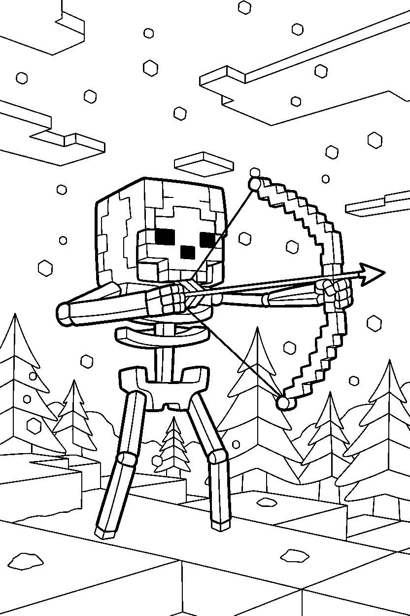 minecraft skeleton shooting an arrow in snowy tundra line art