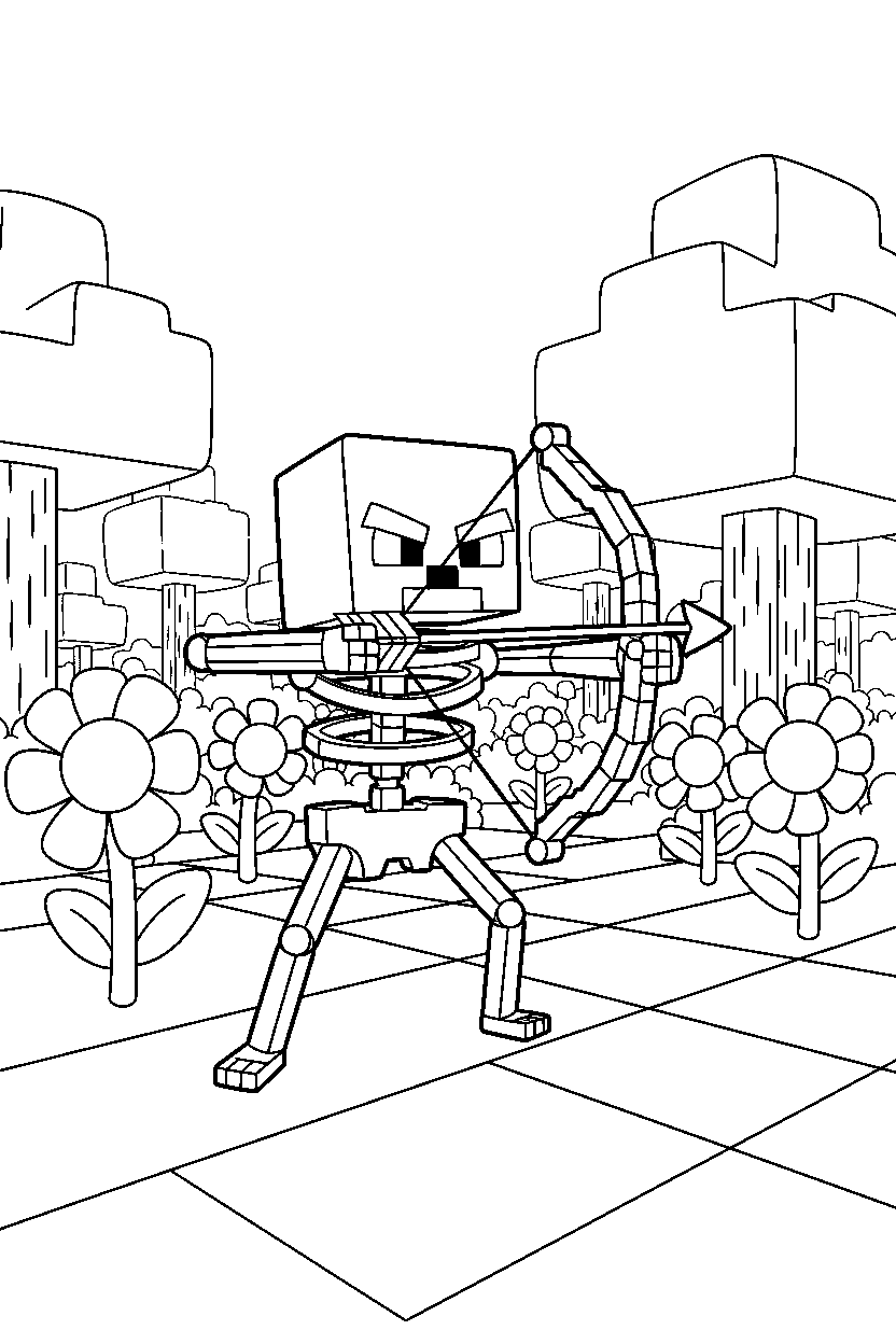 minecraft skeleton shooting carefully in a flower forest line art