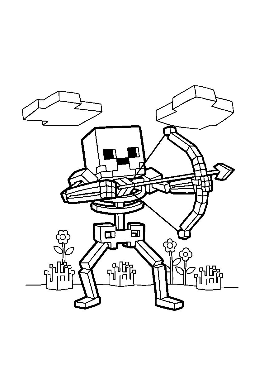 minecraft skeleton shooting carefully in a meadow line art