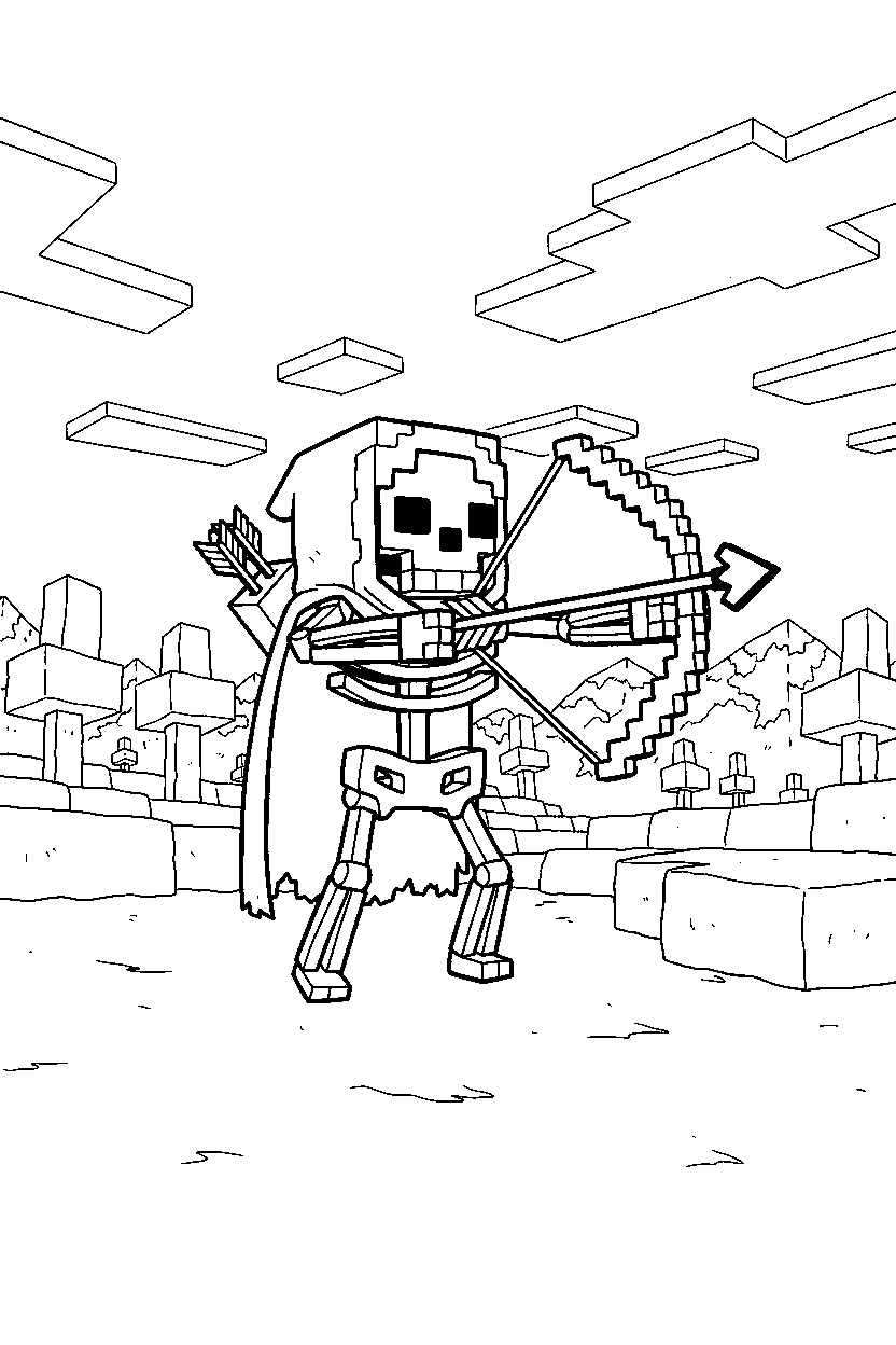 minecraft skeleton shooting carefully in snowy tundra line art