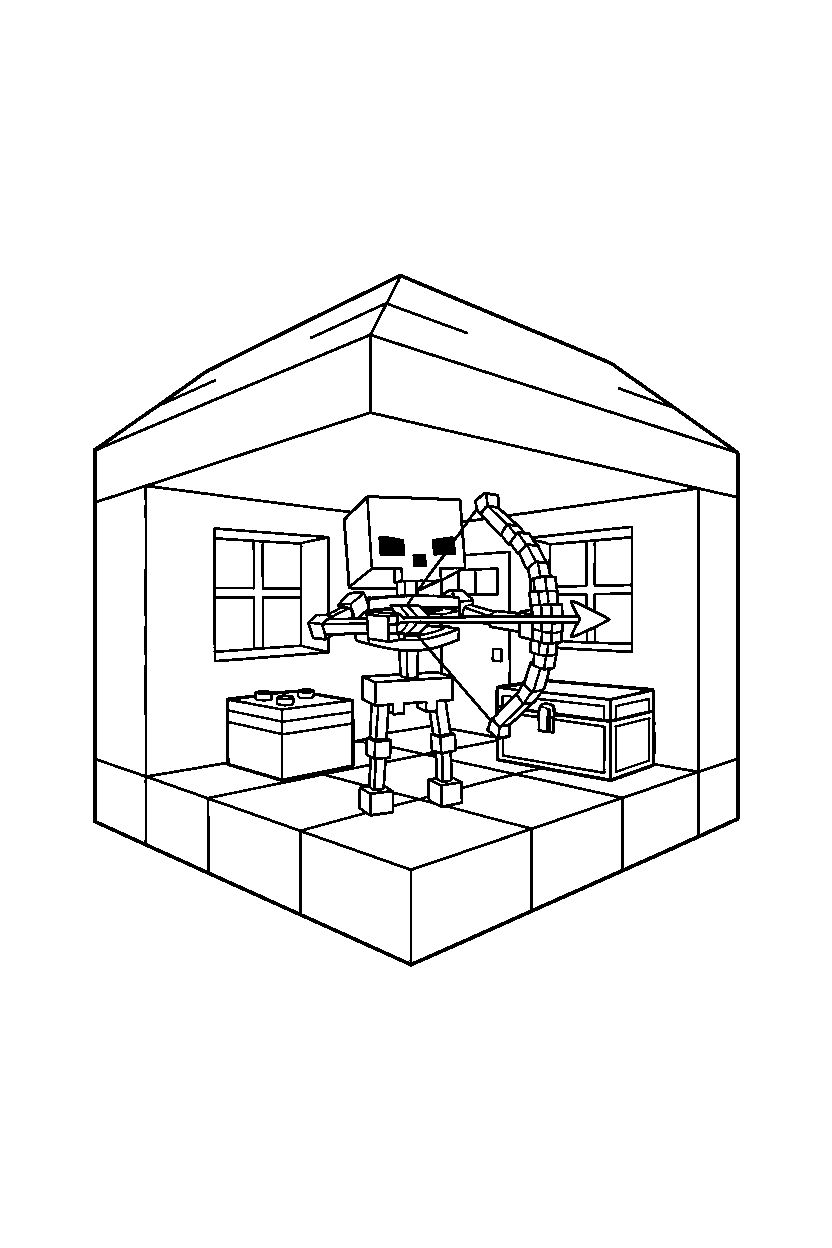 minecraft skeleton shooting carefully inside a house line art