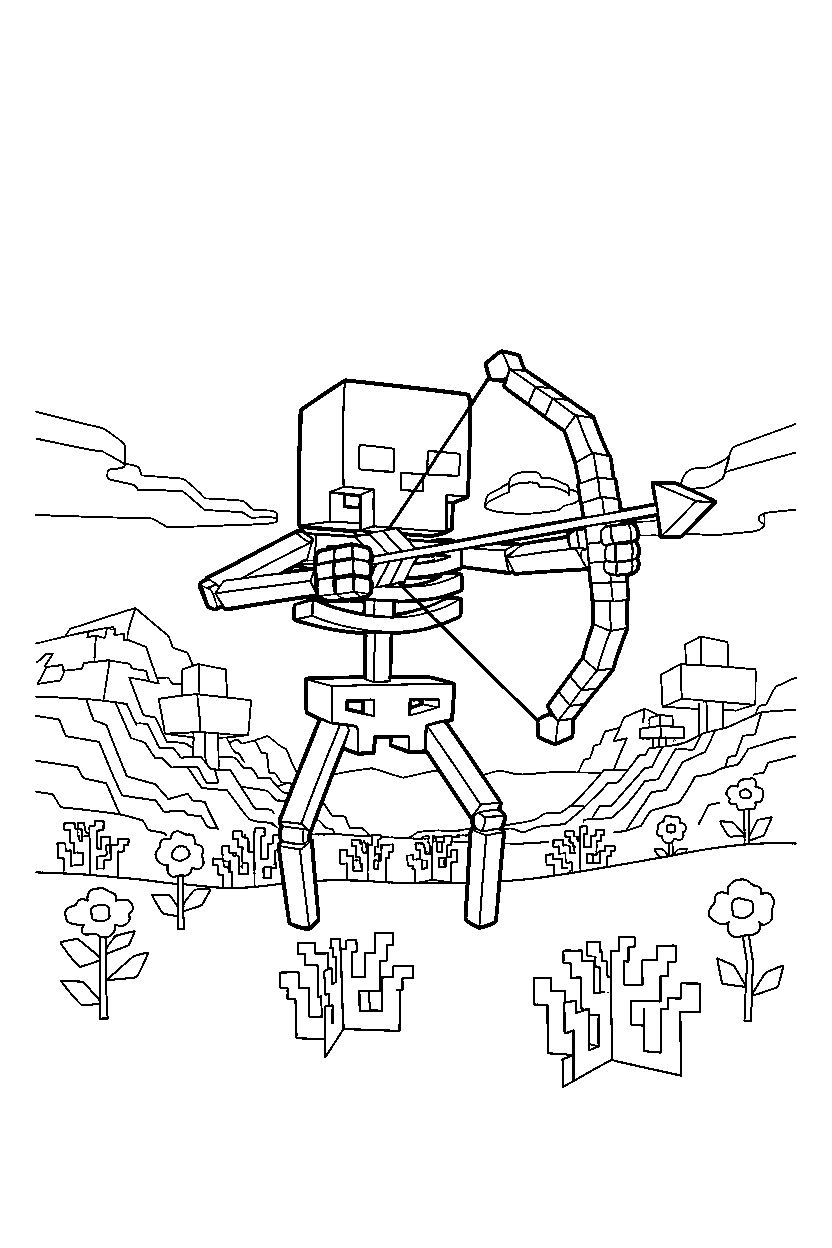 minecraft skeleton shooting cautiously in a meadow line art