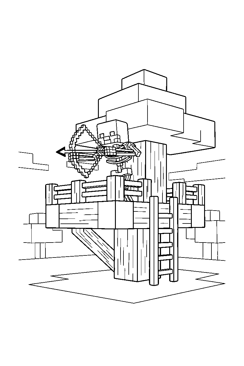 minecraft skeleton shooting cautiously in a treehouse base line art