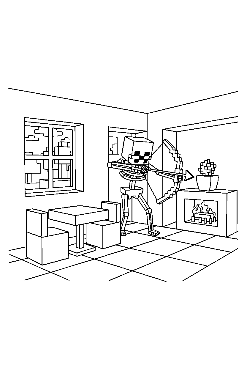 minecraft skeleton shooting cautiously inside a house line art