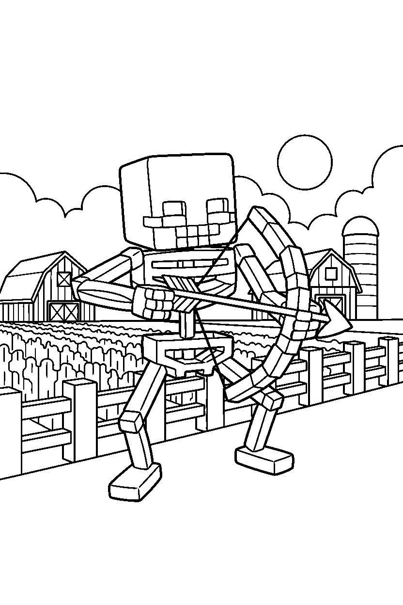 minecraft skeleton shooting cautiously near a farm field line art