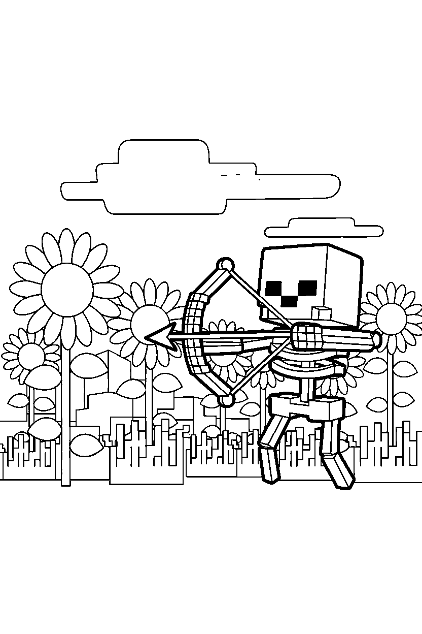 minecraft skeleton shooting from afar in sunflower plains line art