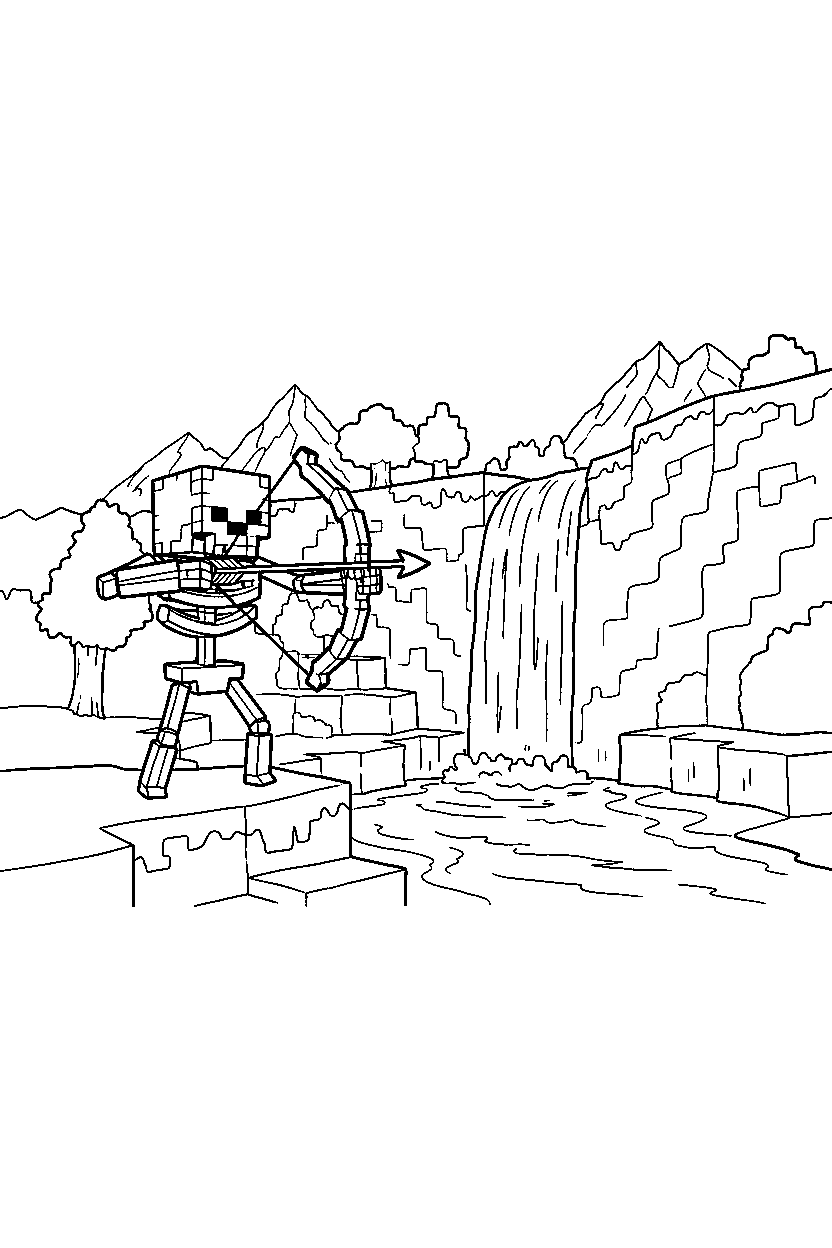 minecraft skeleton shooting from afar near a waterfall line art