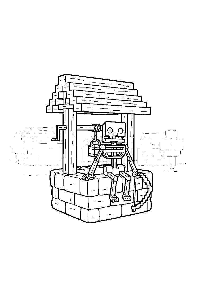 minecraft skeleton sitting at village well line art