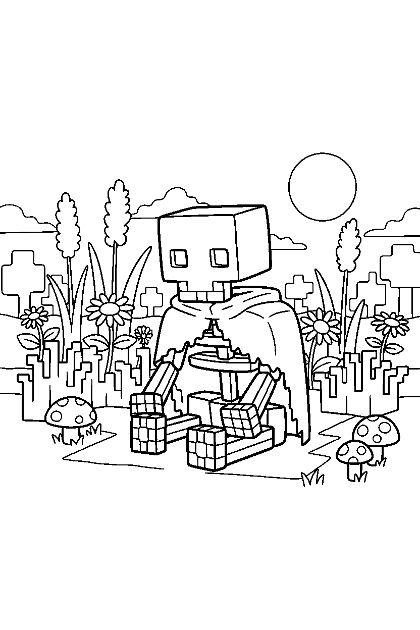 minecraft skeleton sitting in a meadow line art