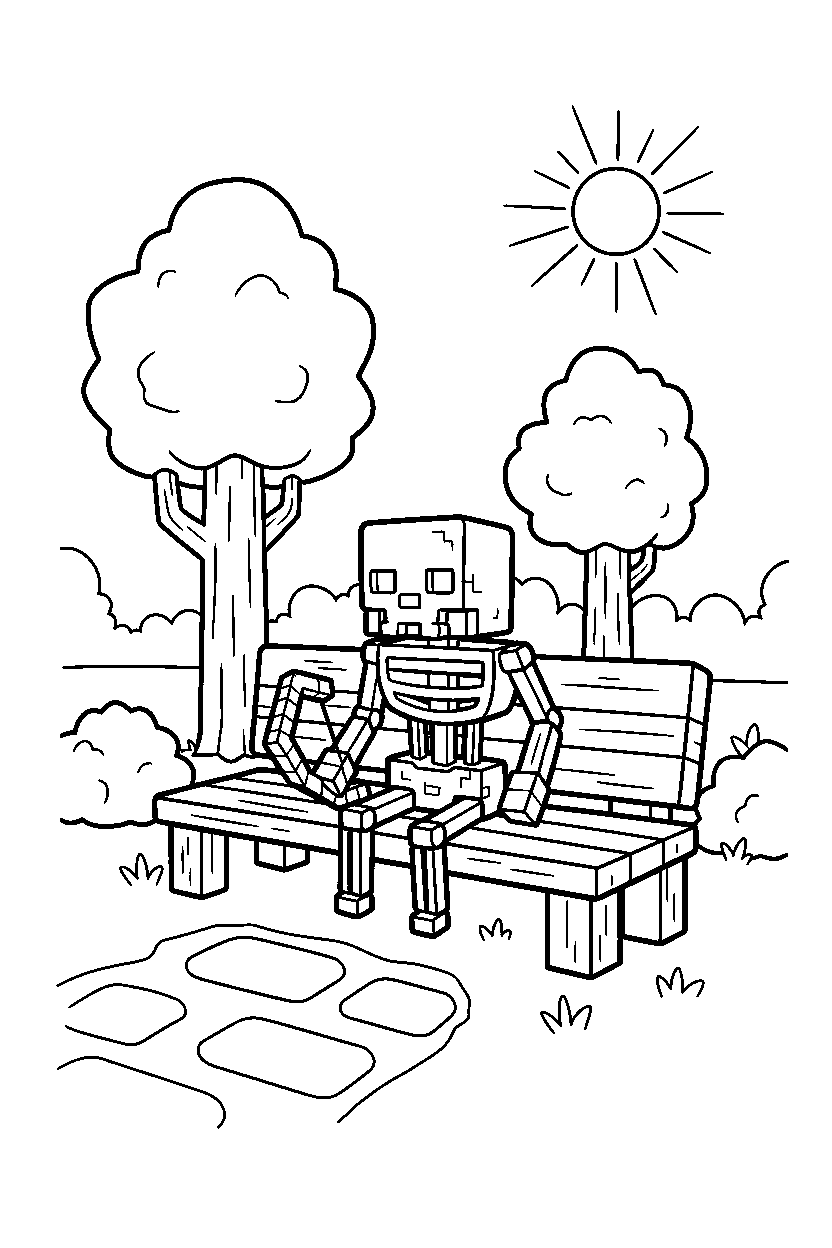 minecraft skeleton sitting in park line art