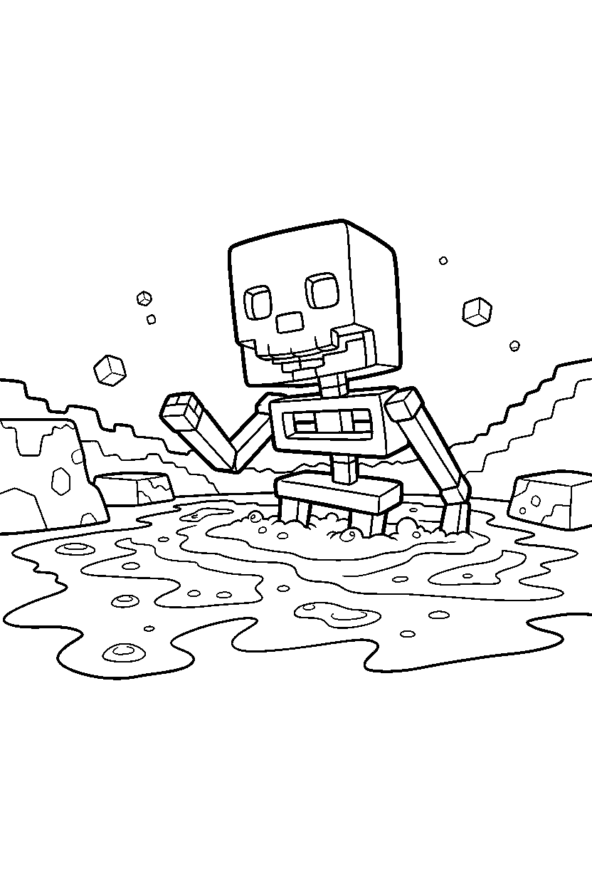 minecraft skeleton smiling in lava area line art