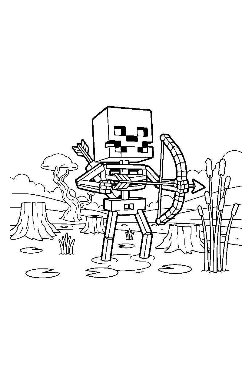 minecraft skeleton standing alert in a swamp line art