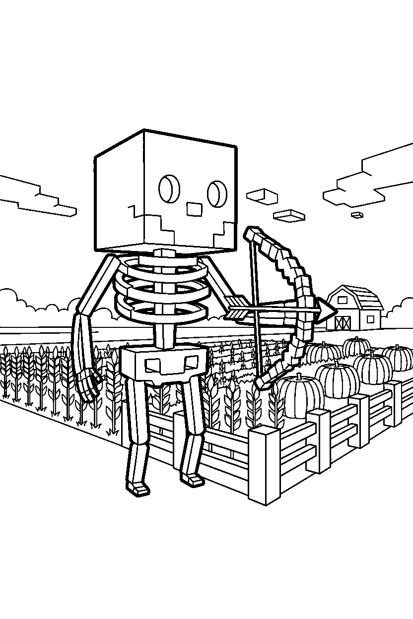 minecraft skeleton standing alert near a farm field line art