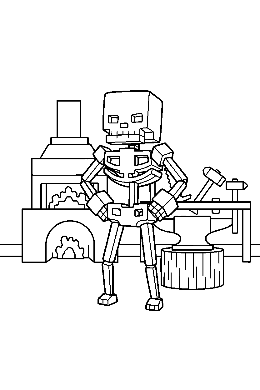 minecraft skeleton standing confidently in blacksmith area line art