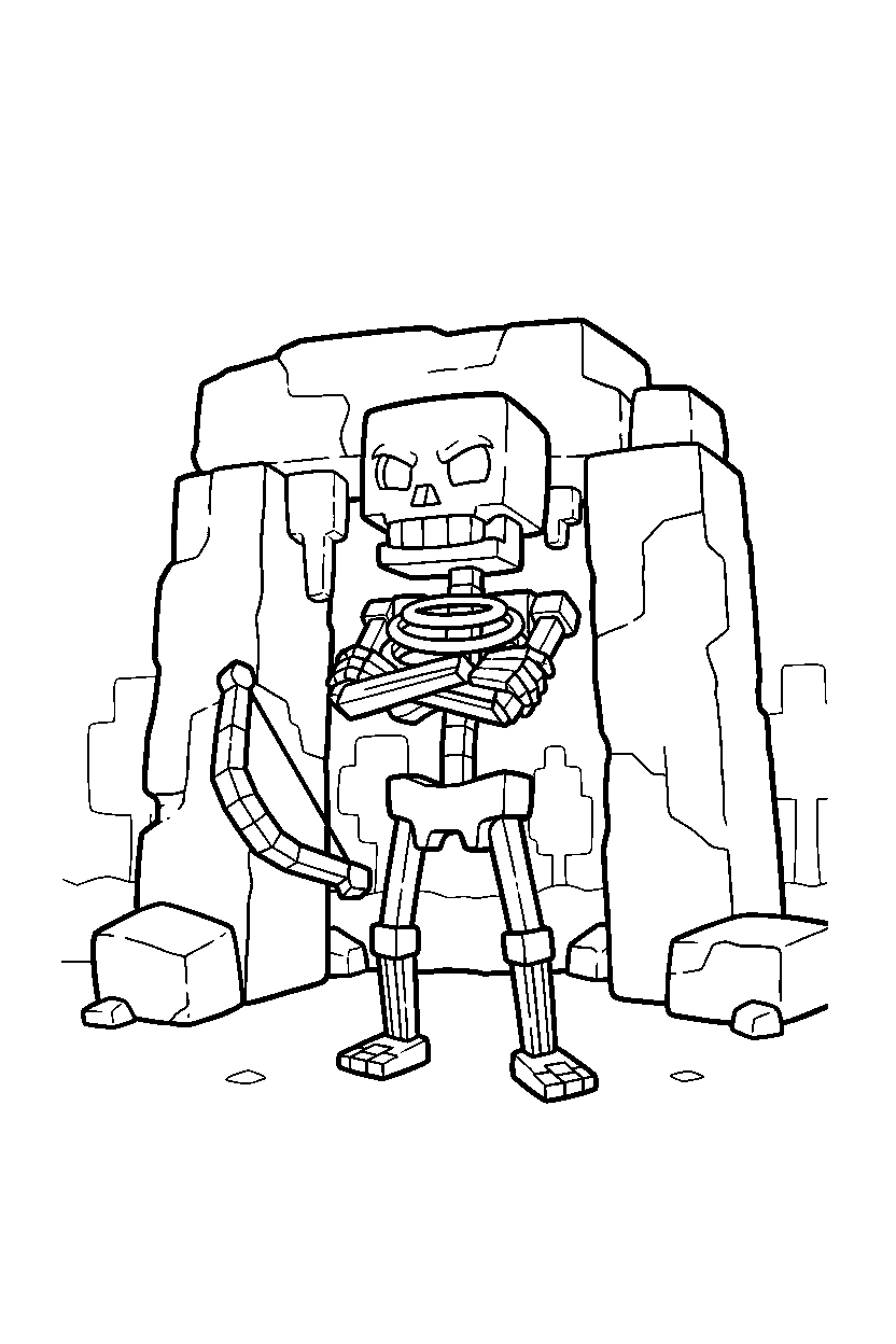 minecraft skeleton standing confidently in cave entrance line art