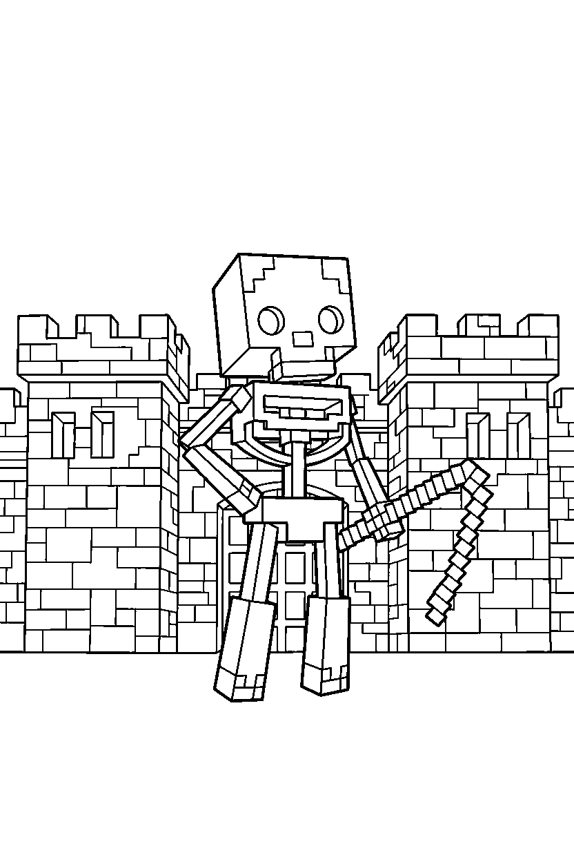 minecraft skeleton standing confidently in stone castle line art