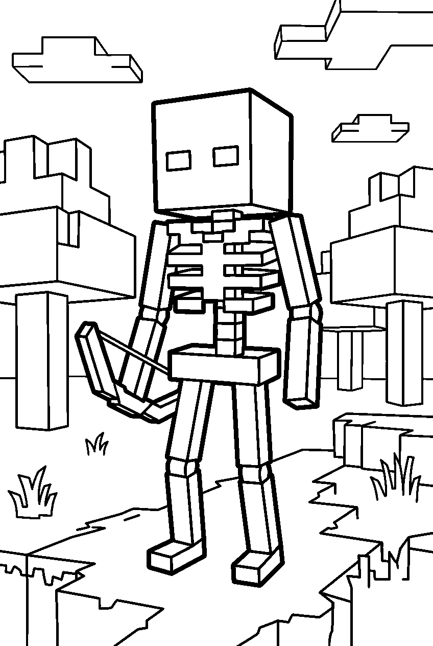 minecraft skeleton standing in forest line art