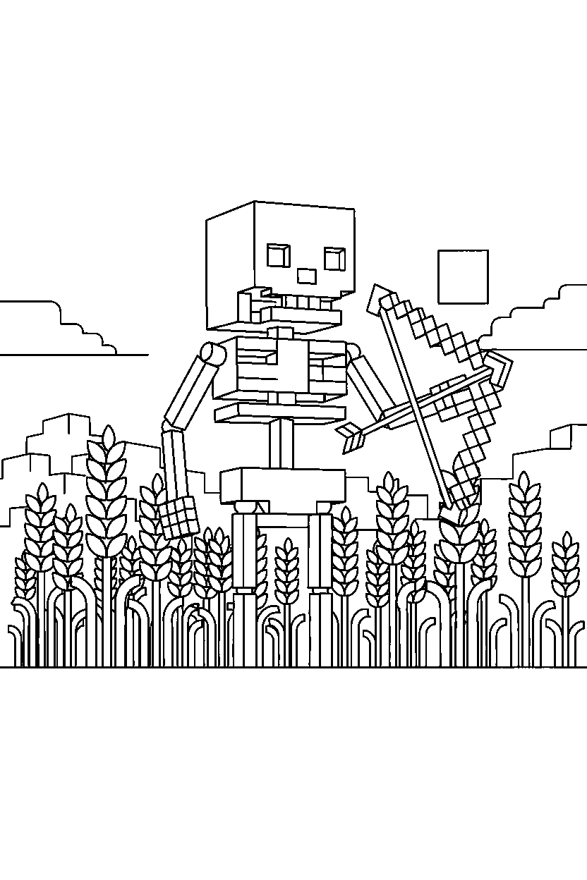minecraft skeleton standing in wheat field line art