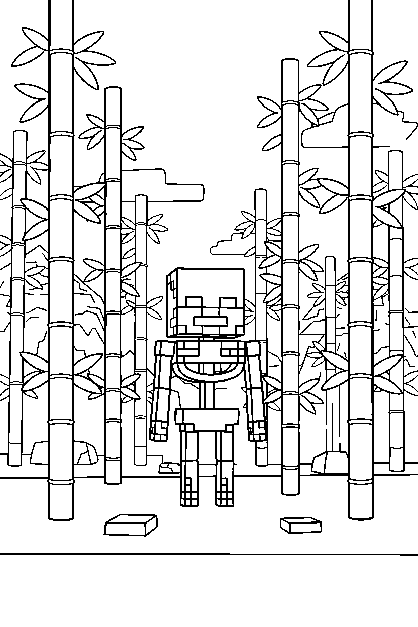 minecraft skeleton standing motionless in a bamboo jungle line art