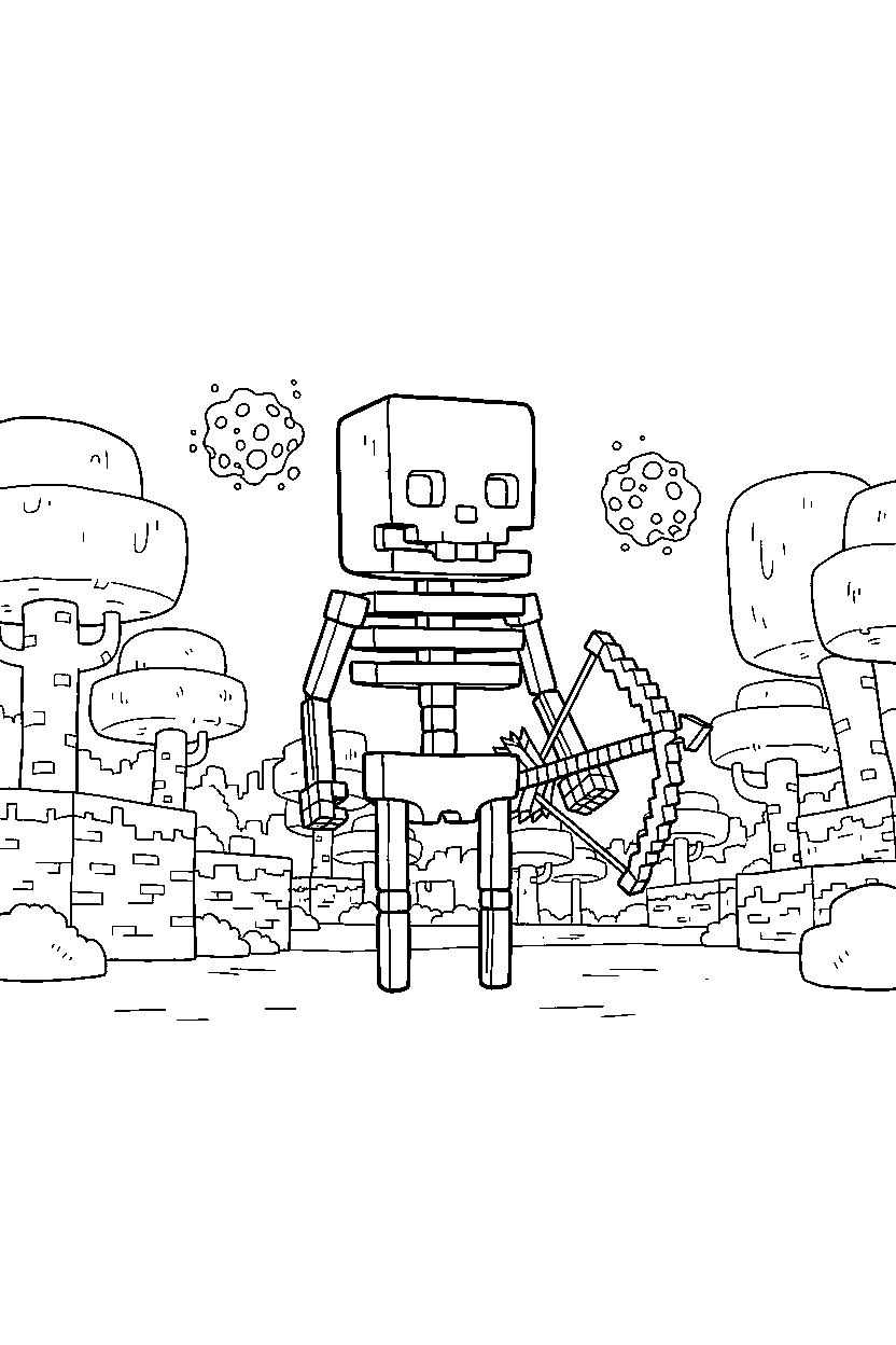 minecraft skeleton standing motionless in the nether line art