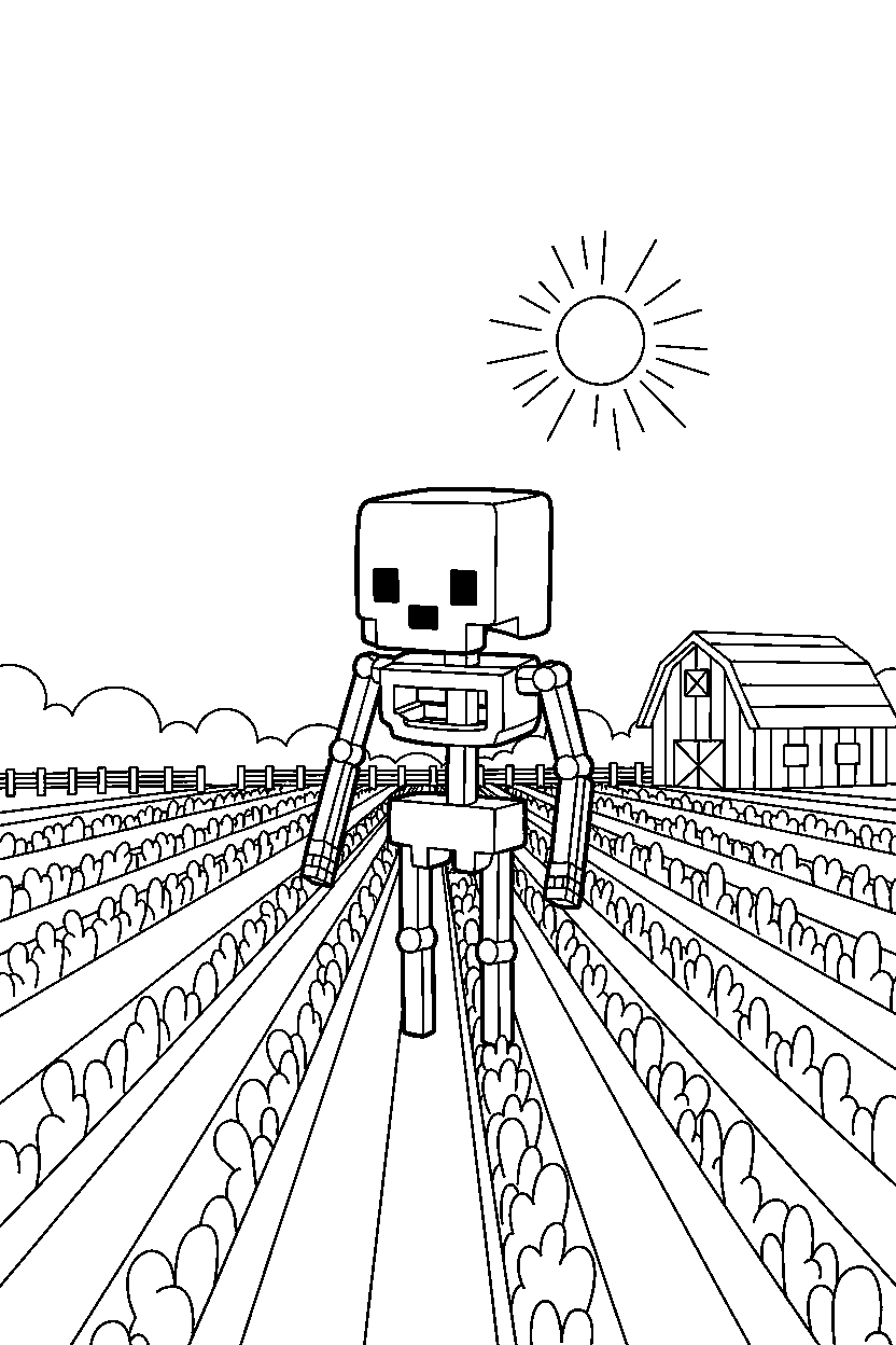 minecraft skeleton standing quietly in silence near a farm field line art