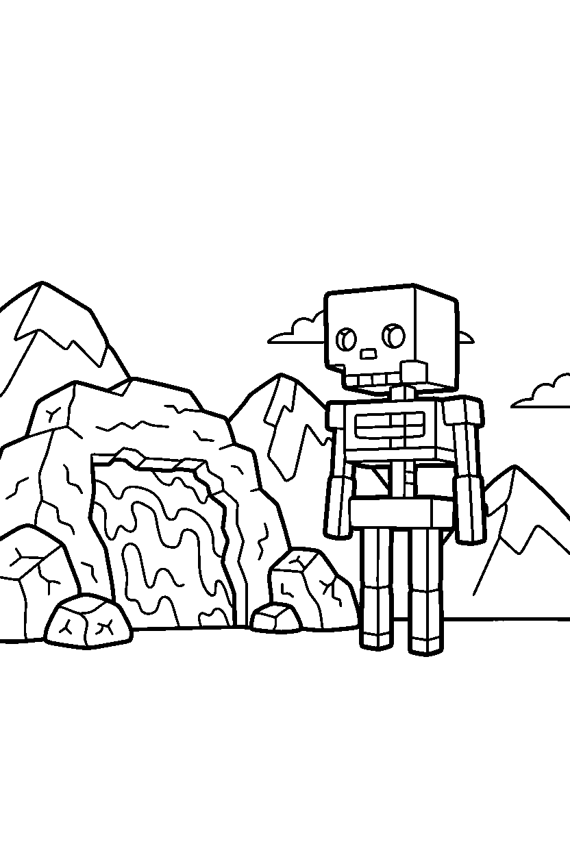 minecraft skeleton standing quietly in silence near a lava cave line art