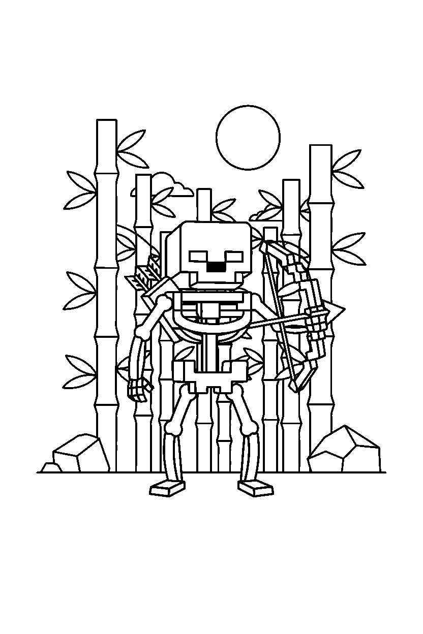 minecraft skeleton standing ready in a bamboo jungle line art