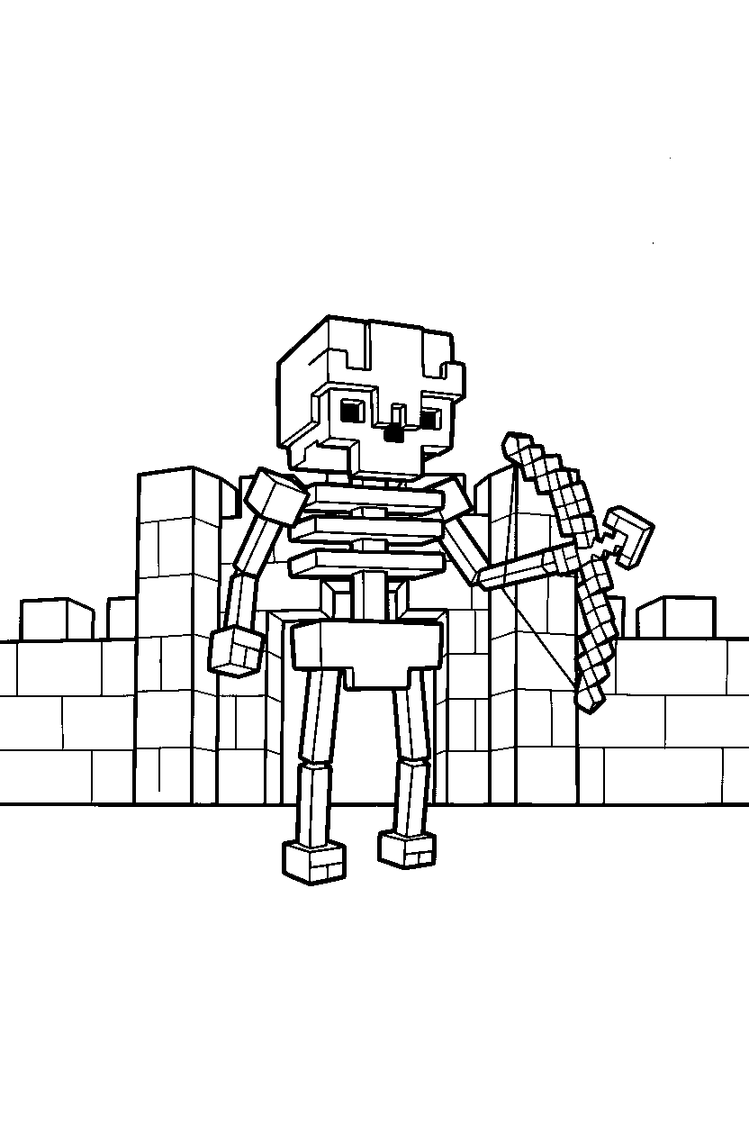 minecraft skeleton standing ready in a castle base line art