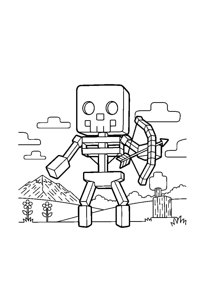 minecraft skeleton standing ready in a meadow line art