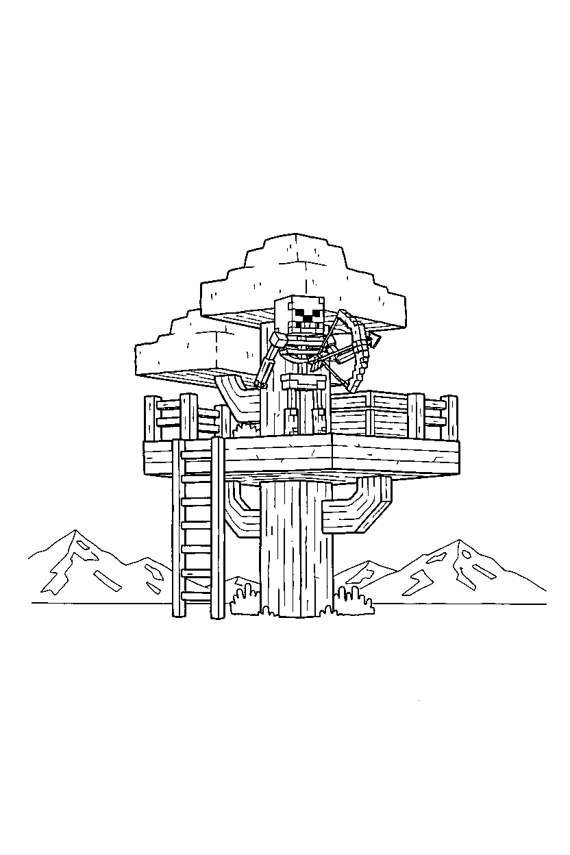 minecraft skeleton standing ready in a treehouse base line art